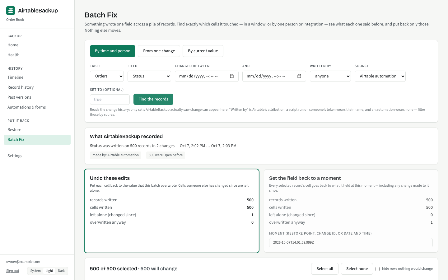 Batch Fix: one field chosen, the window and the actor filter set, the plan listing the records whose cell will be put back and the ones left alone because someone edited them since.