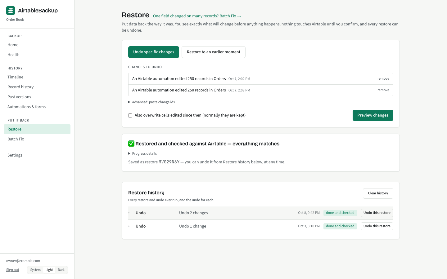 A finished restore: "Restored and checked against Airtable", the counts written and verified, and an Undo this restore link.