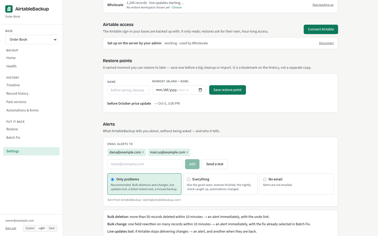 Settings › Alerts: the recipients, the alert level, Send a test, and the nightly report switch.